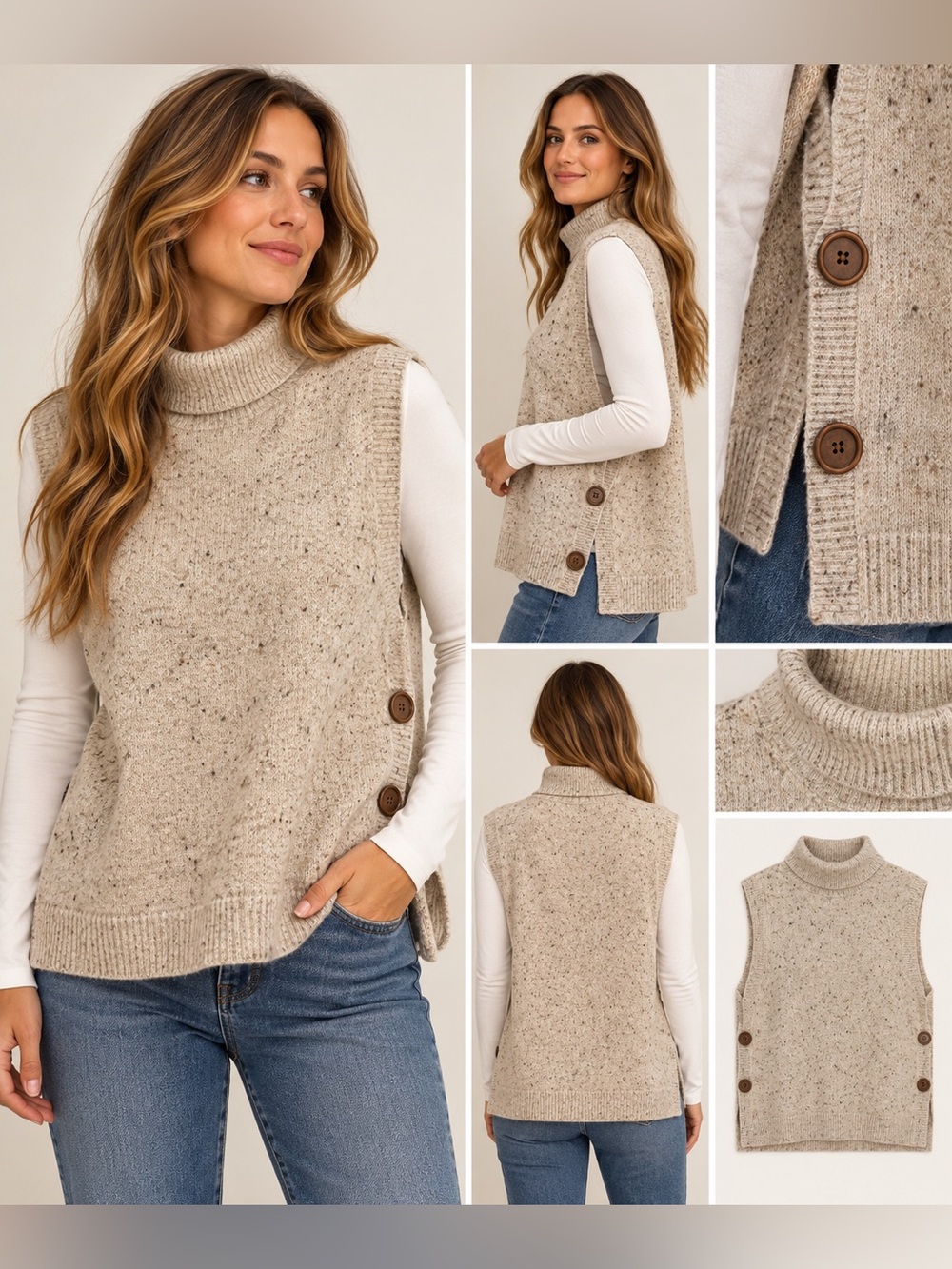 ICHI Lotus side button turtleneck sweater vest in travertine melange NWT M/L
